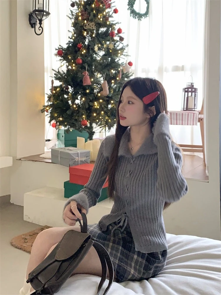 

Модный женский милый сексуальный нечеткий лоскутный вязаный кардиган с v-образным вырезом, осень-зима, универсальный облегающий топ с длинными рукавами