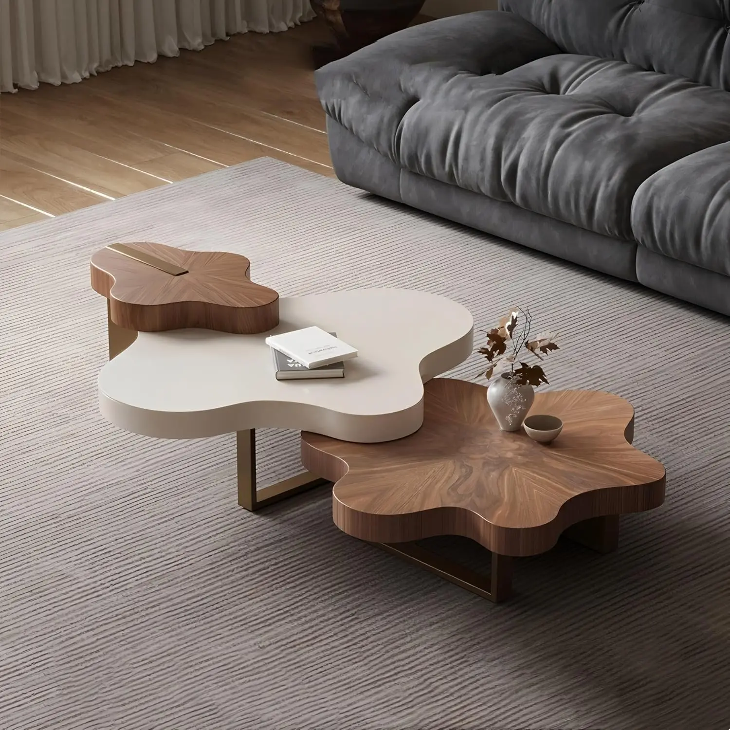 

Cloud-Shaped Nesting Coffee Table Set 3pcs Wood Fully-Assembled Walnut Living Room Home Office Customized