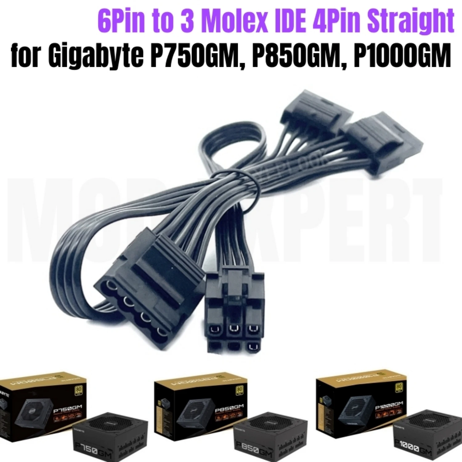 6-Pin to 3x Molex PERIPHERAL IDE 4Pin Straight Power Cable for Gigabyte P750GM, P850GM, P1000GM P-GM Gold Series Modular Powers