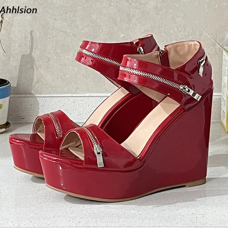 

Качественные женские летние сандалии Ahhlsion, блестящие туфли на танкетке с круглым носком, красивые красные, зеленые туфли для вечеринок, женские большие размеры США 5-20