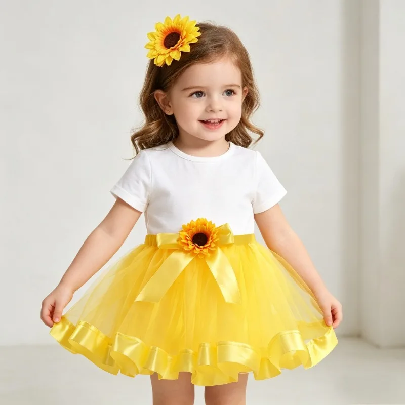 New Sunflower Pattern Girls' Tutu Skirt, Tulle Flared Half Skirt, Casual Short Skirt for Toddler Party Stage Performance