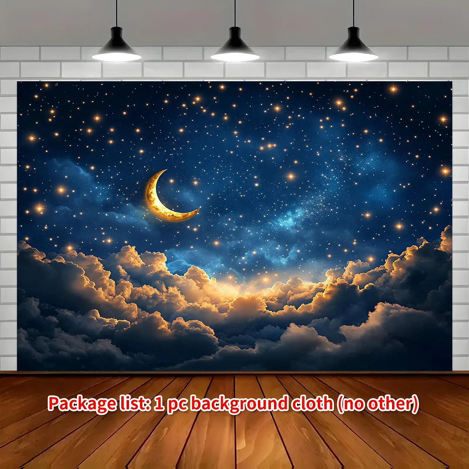 1-Halbmond-Stern-Nachthimmel-Hintergrund, ein verträumter Polyester-Hintergrundstoff mit Wolken und funkelnden Sternen