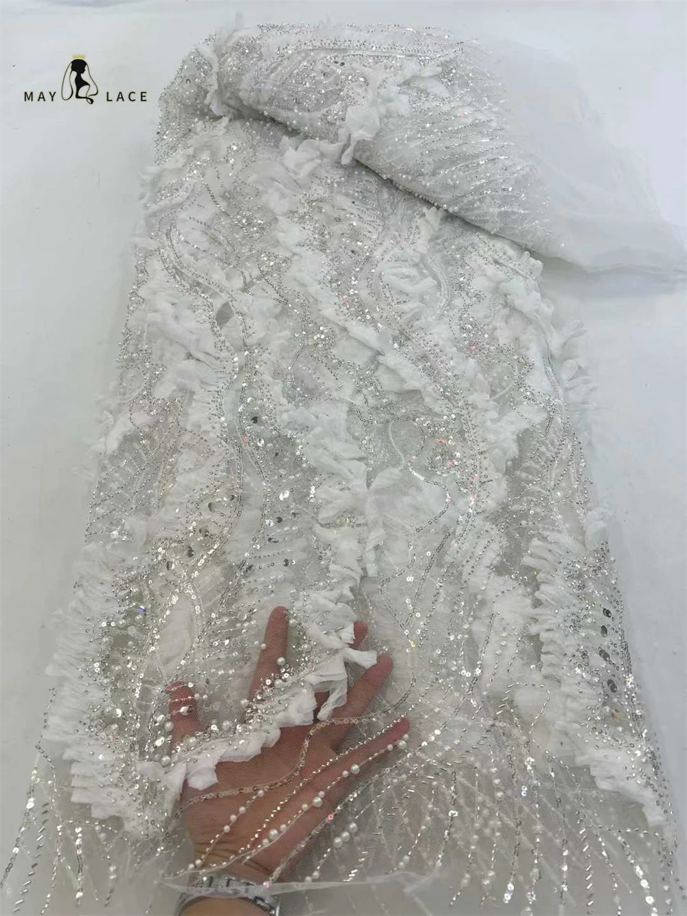 

Hot 3D Flower African Beaded Lace Fabric 5 Yards 2026 France Nigeria Sequins Tulle Lace Fabric for Wedding Party Evening Gowns