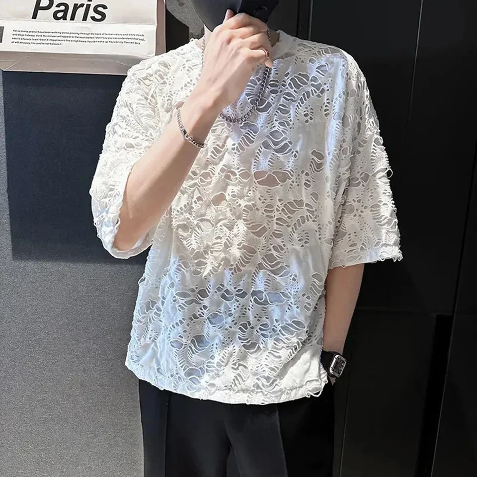 Korea Fashion Lace Hole Tops Summer T-Shirts Party Club Sexy Mens Clothing Ripped Short Sleeve