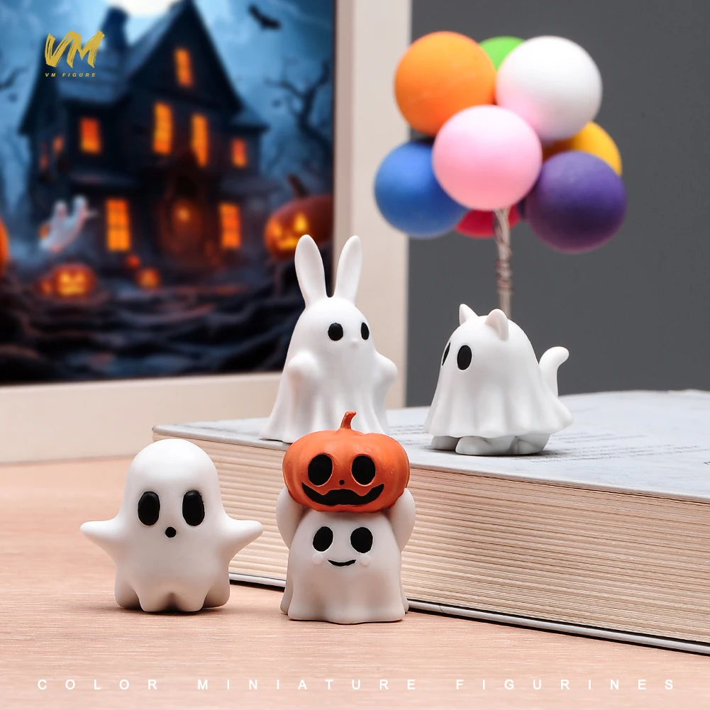 4PCS Halloween Decoration Set 3D Printed Mini Ghost Resin Statue Small Scary Ghost Figurines for Home Tabletop Party Decor
