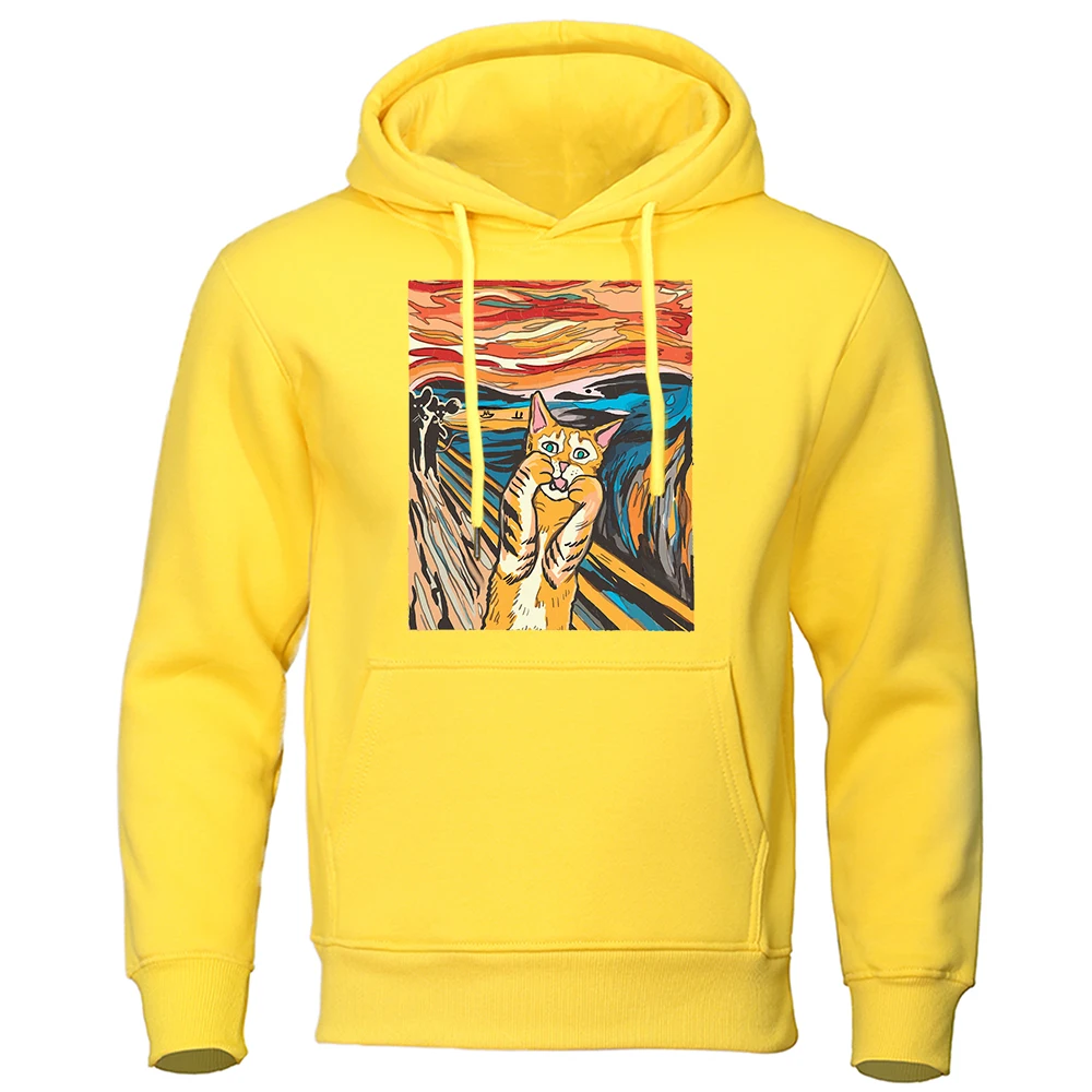 Orange Cat Spoof Art Famous Painting Printed Men Hoodie Autumn Casual Sweatshirt Fashion Loose Clothes Fleece Oversize Pullovers