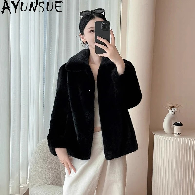 AYUNSUE abrigos de piel de visón Natural para mujer abrigo de piel negra 2025 Otoño Invierno abrigo mujer ropa de oficina ropa de mujer Pelzmantel Damen