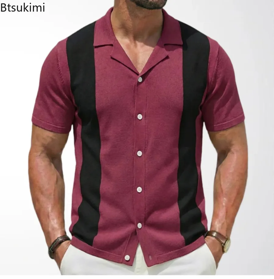 2026 New Men\'s Striped Patchwork Knitwear Summer Men Half Zip Knit Pullovers T-shirt Man Business Casual Short Sleeve Polo Shirt