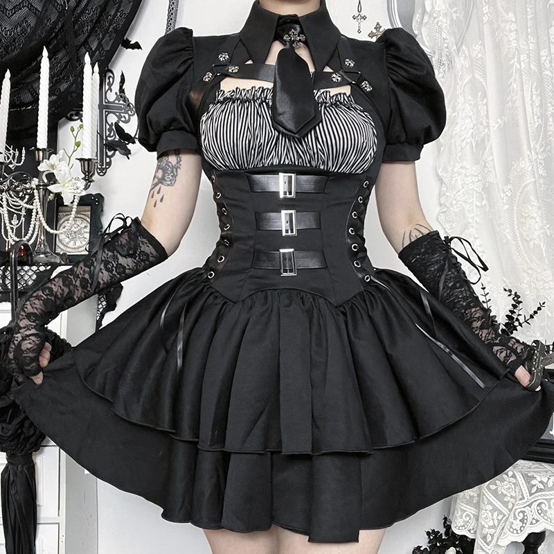 Mini abiti a corsetto con lacci senza maniche a righe nere gotiche Grembiule a maniche corte con cravatta Y2K Abito da donna vintage alla moda preppy