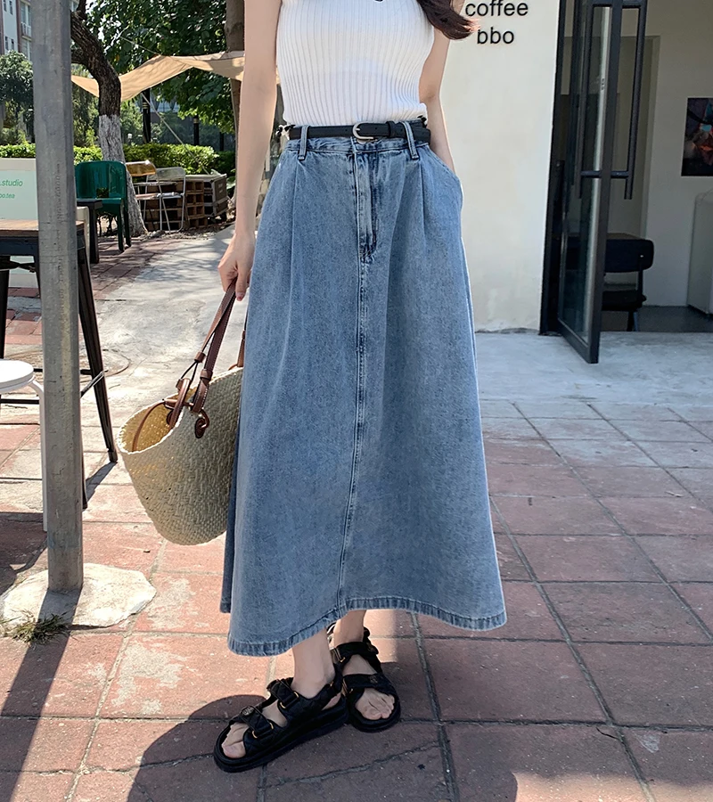 S-XL Long Denim Skirt 2022 korean style High Waist Bal Grown A Line Midi Skirts Women Long Jean Skirt Style+belt (78880