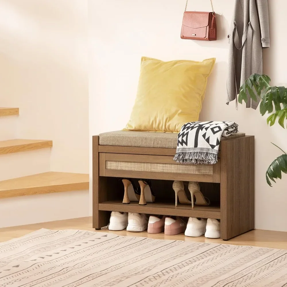 shoe rack, Rattan Shoe Bench Entryway Bench with Storage Drawer and Linen Seat Cushion, shoe rack