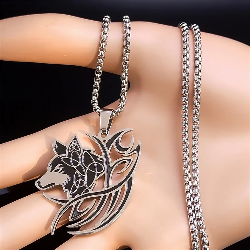 Viking Nordic Mythology Wolf Knot Necklace Stainless Steel Valknut Odin \'s Symbol of Norse Men Women Necklace Jewelry N7802S01