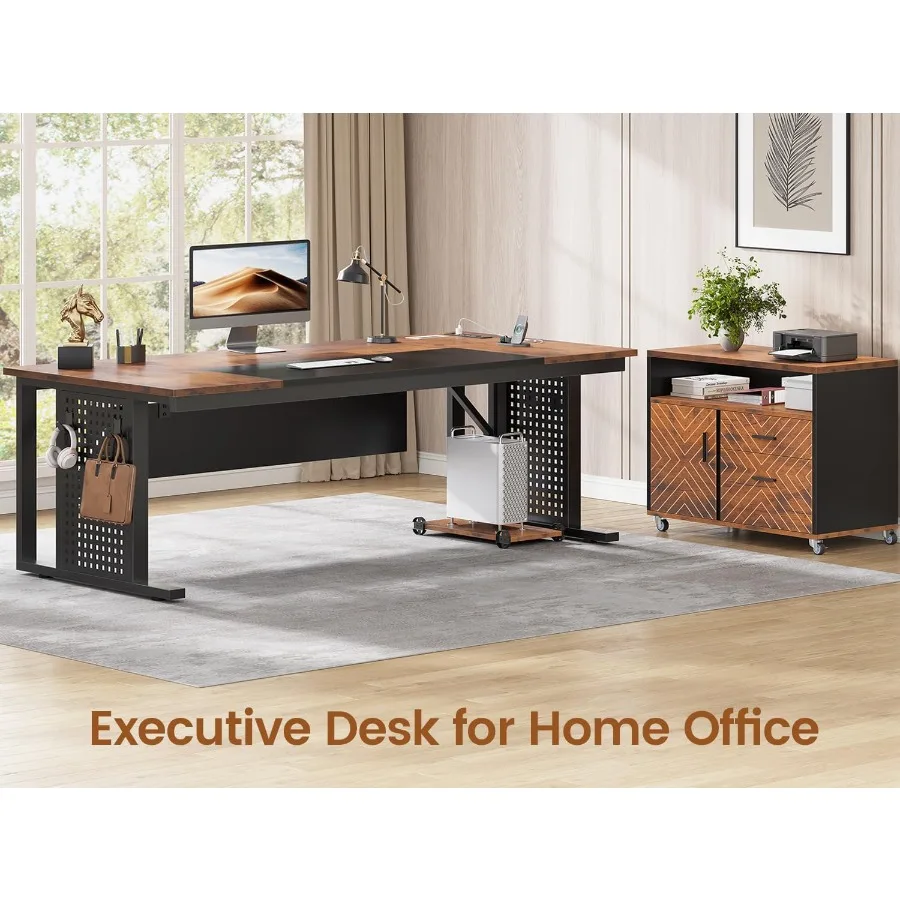 71 Executive Desk with Rolling File Cabinet and Large Office Desk Featuring L Shaped Computer Desk Design with Built-in Power O