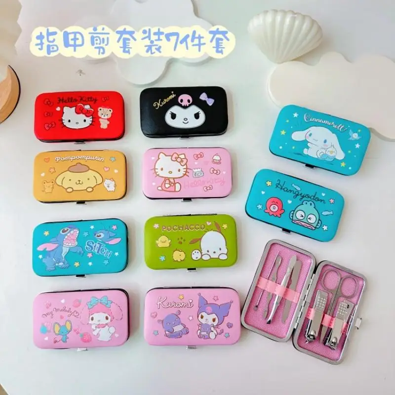 7PCS Sanrio Nail Clippers Kit Cinnamoroll Kuromi Nail Clipper Ear Pick Pedicure Tools Professional Manicure Accessories Tool