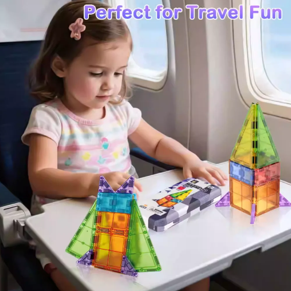 ミニマグネットタイル旅行セットおもちゃ幼児用磁気ビルディングブロック組み立てゲームSTEMポータブル鉄製ボックス教育玩具ギフト