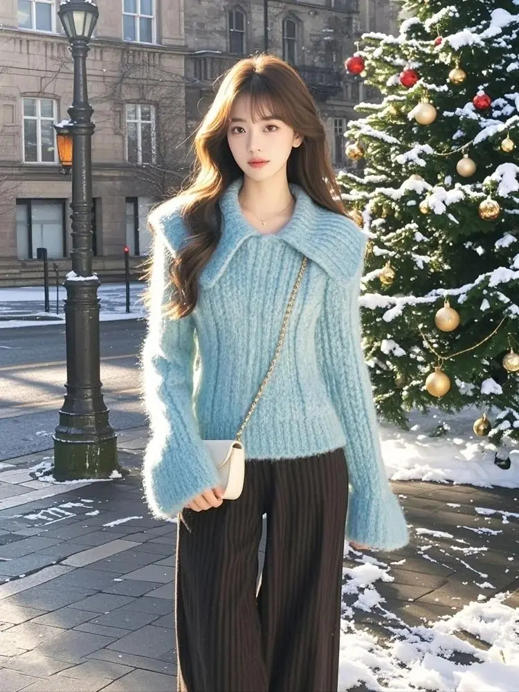 

Women's Knitted Sweater Winter Loose Fit Casual Zipper Ne f-unbuttoned Long Sve Slimming Overhead Top E11241