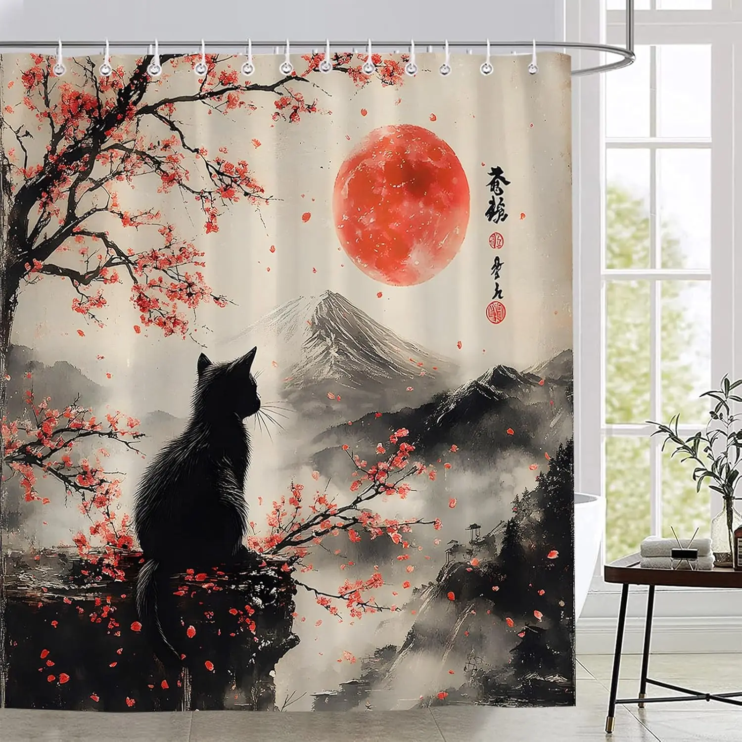 Japanese Cat Shower Curtain Vintage Floral Red Plum Blossom Cherry Blossom Black Cat Asian Rustic Mountain Traditional Bathroom