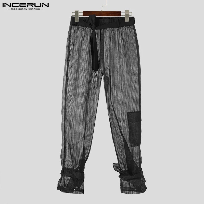 INCERUN Men Pants Mesh Transparent Lace Up Joggers Sexy Striped Casual Trousers Men Streetwear Loose Fashion Long Pants S-5XL