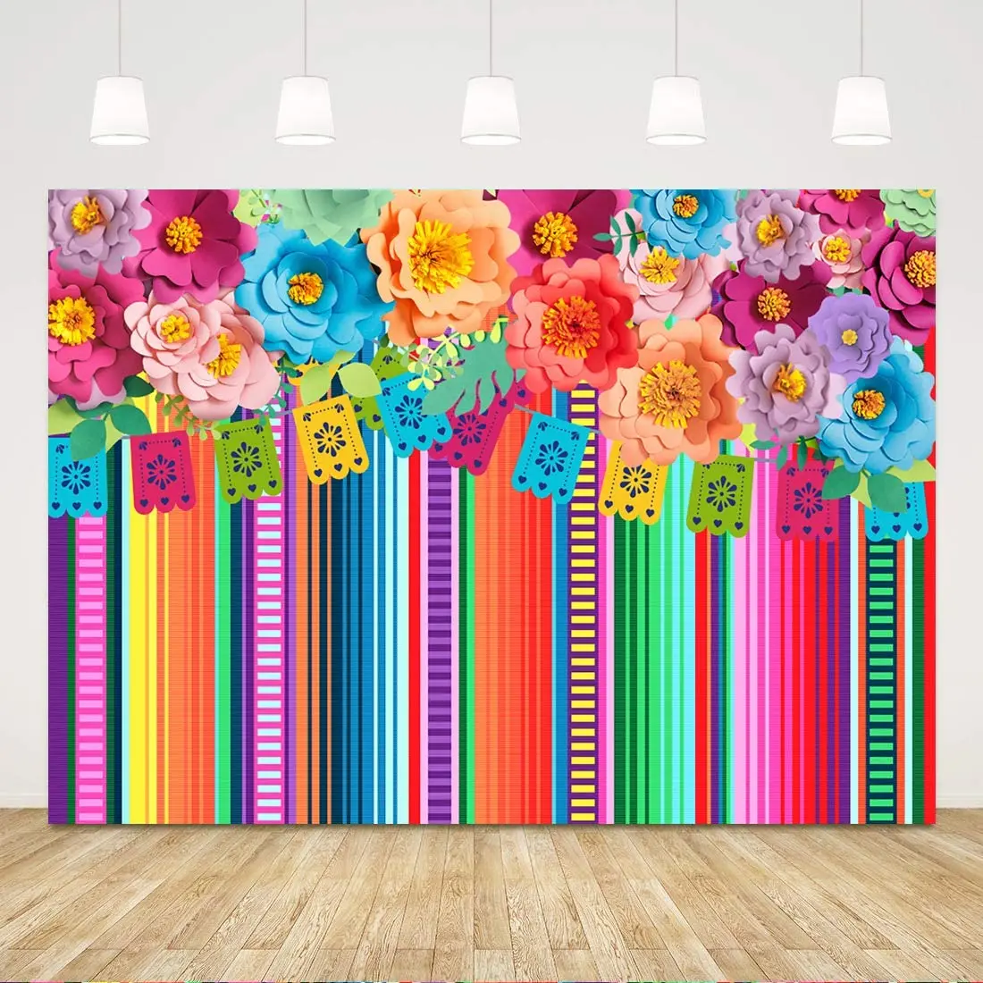 

Flowers Fiesta Drop Photography Backdrop For Pictures Floral Stripes Flags Birthday Party Mexican Decorations Background