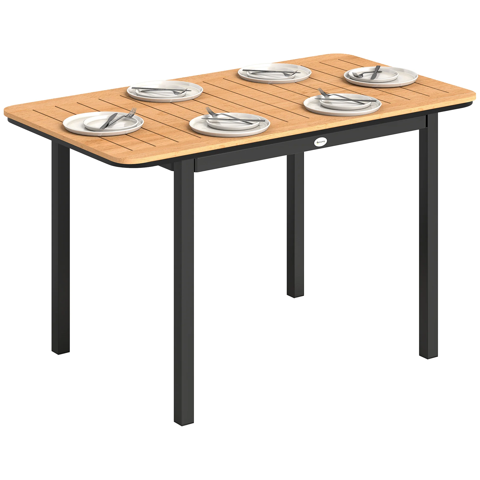 Mesa rectangular de exterior para 6 personas, 127x70 cm, madera compuesta marrón, estructura metálica, tablero de listones