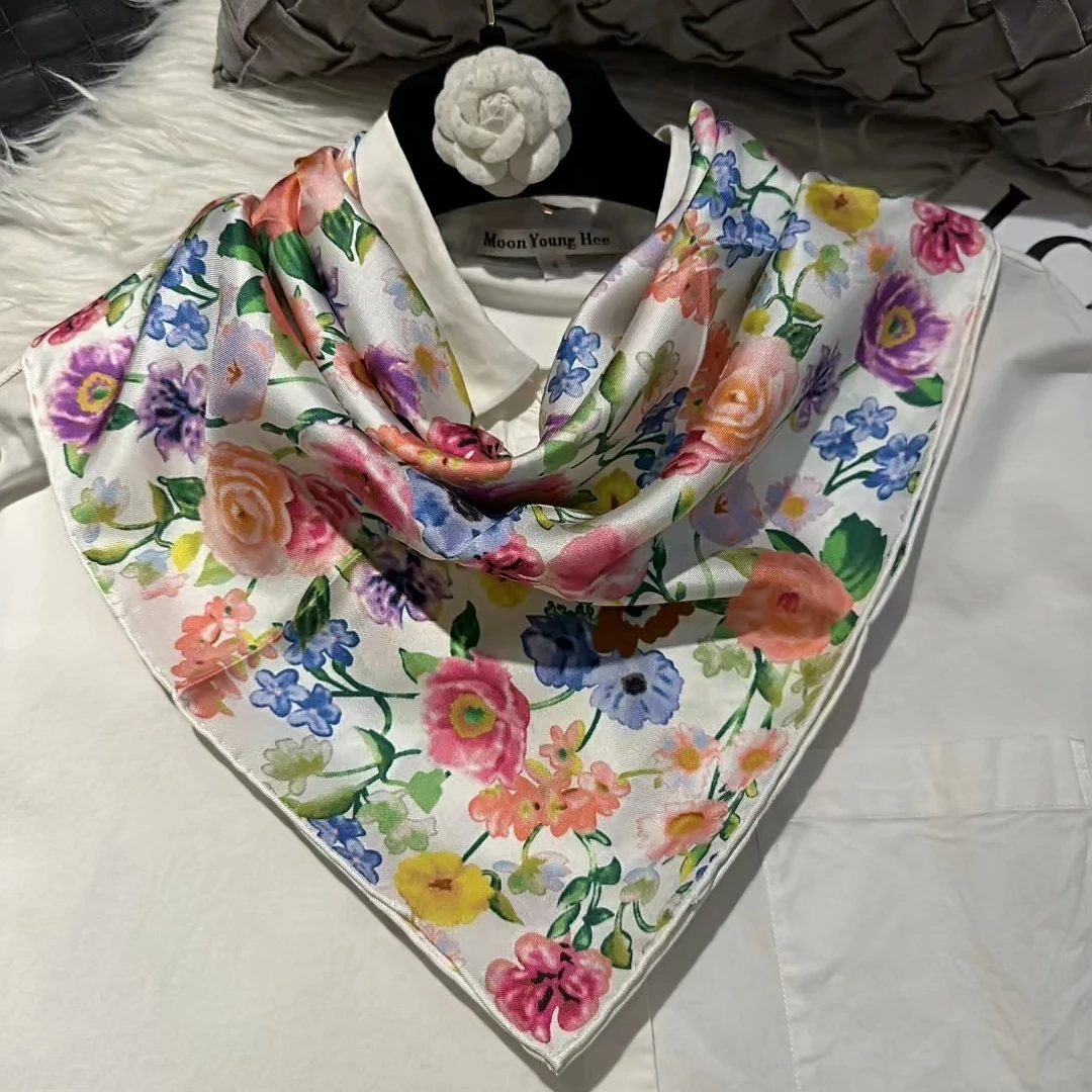 [BYSIFA] White 100% Silk Twill Scarf Neckscarf Fall Winter Fashion Floral Pattern Pure Silk Square Scarves Head Accessories 70cm