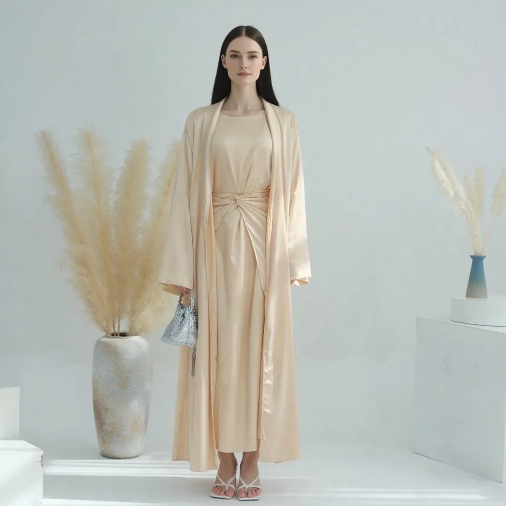 Moyen-Orient couleur unie femmes musulmanes turquie dubaï trois pièces ensemble Abaya Robe