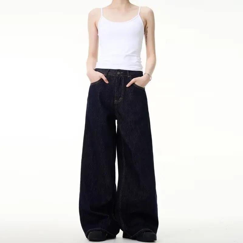 

American Simple Dark Blue Straight Jeans Basic Loose Wide-leg Floor Trousers Korean Dongdaemun High Quality Clothing Y2k Clothes