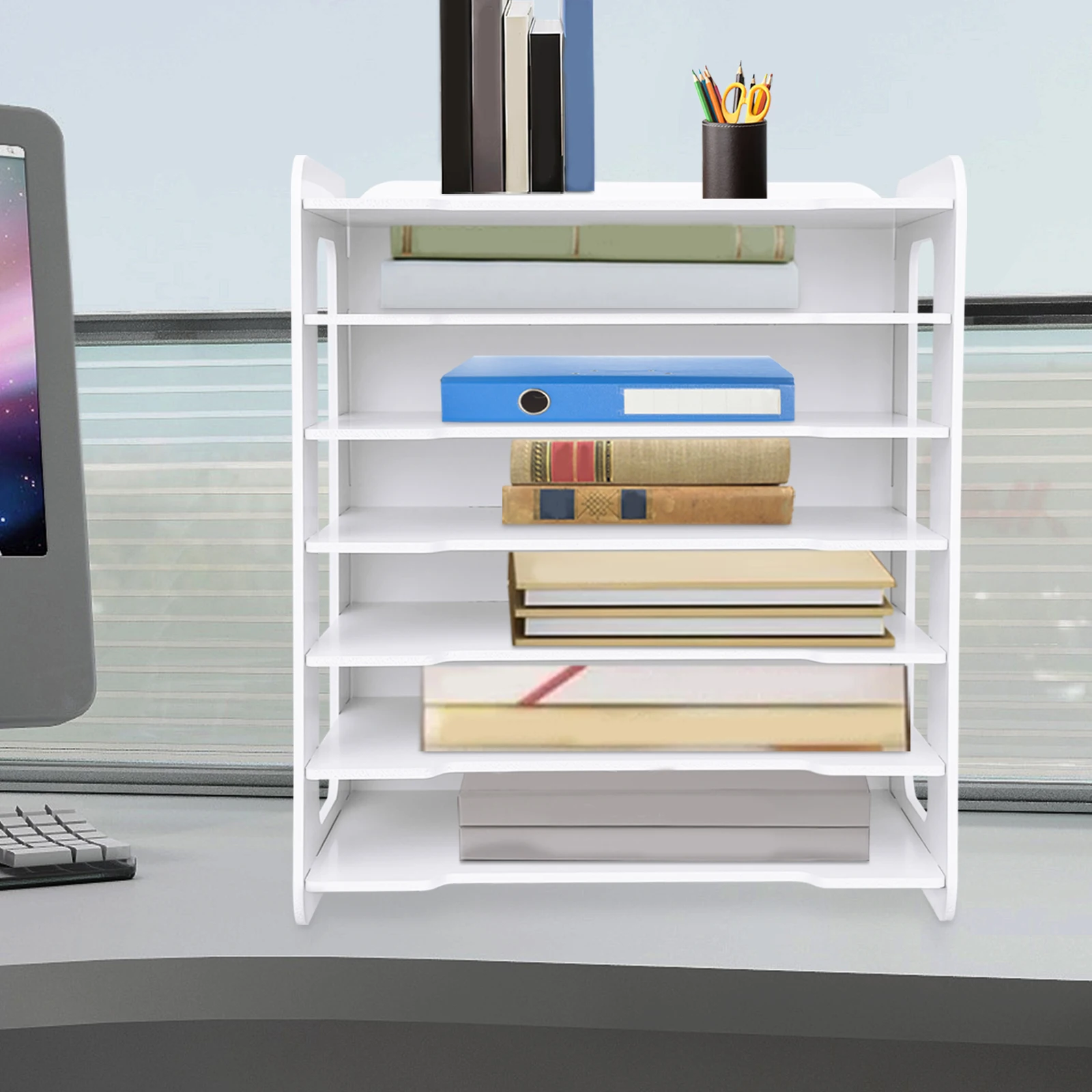 7-Tier Horizontal White File Organizer (PVC), Space-Saving & Solid Structure (Mortise-Tenon+Screws)—Ideal for Home/Office