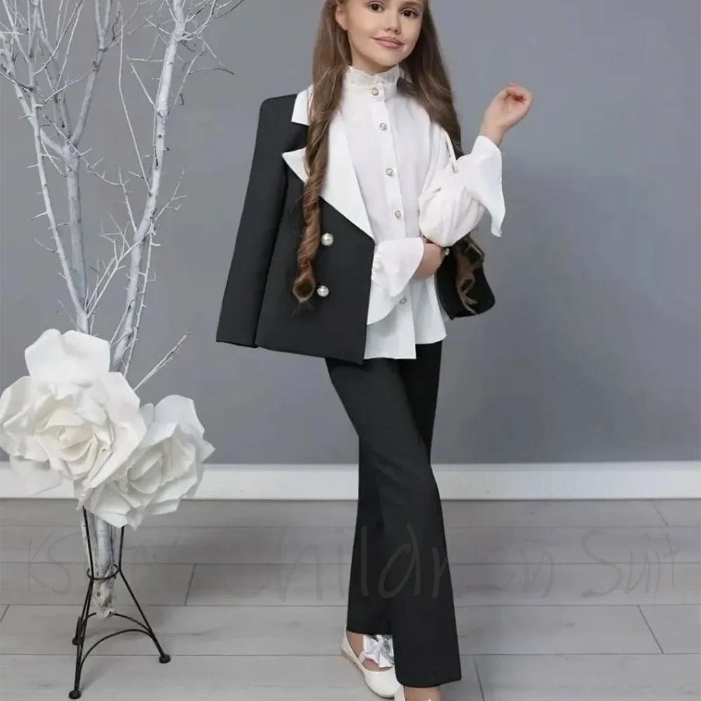 

Черно-белые костюмы для девочек, комплект пиджаков, двубортный модный современный детский костюм, индивидуальный вечерние свадебный костюм, смокинг