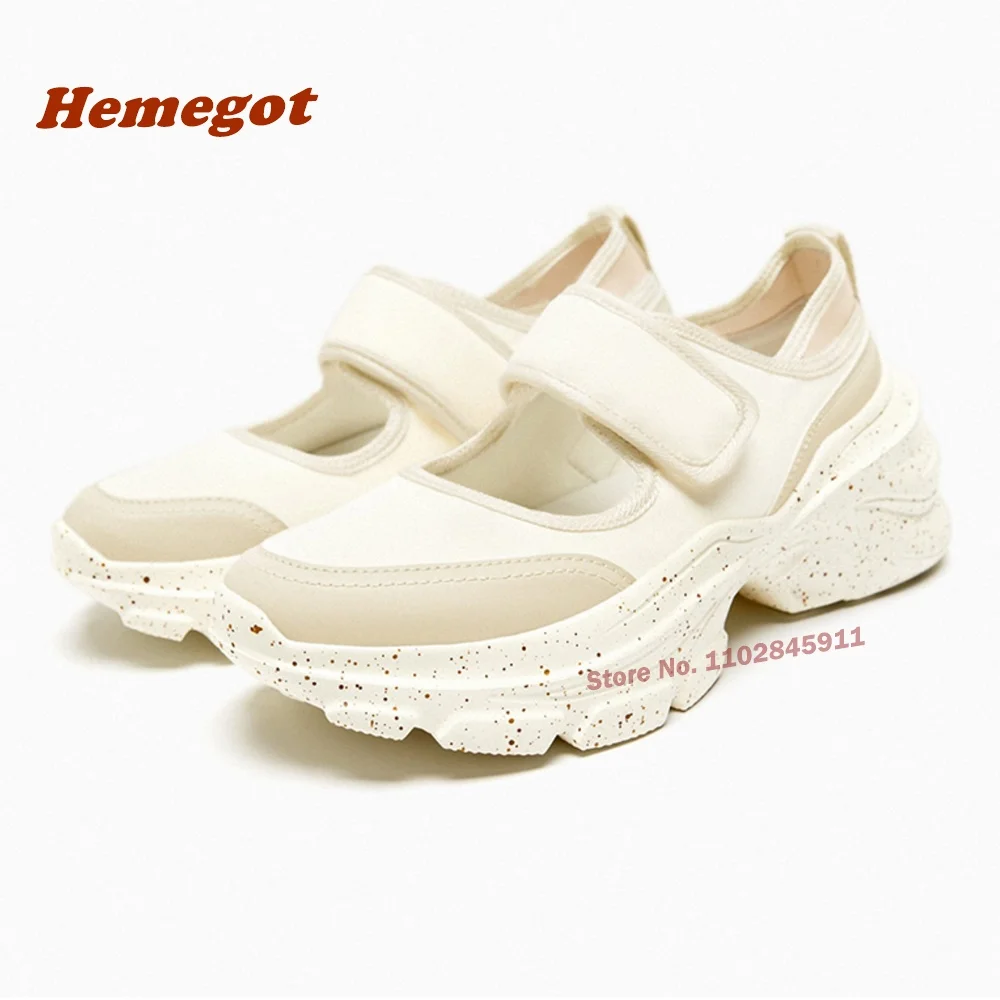 Patchwork Hook and Loop Sneakers Beige Thick Soled Shallow Pumps Casual Breathable Mary Jane Ballet Shoes Luxury 7 Cm Mid Heels