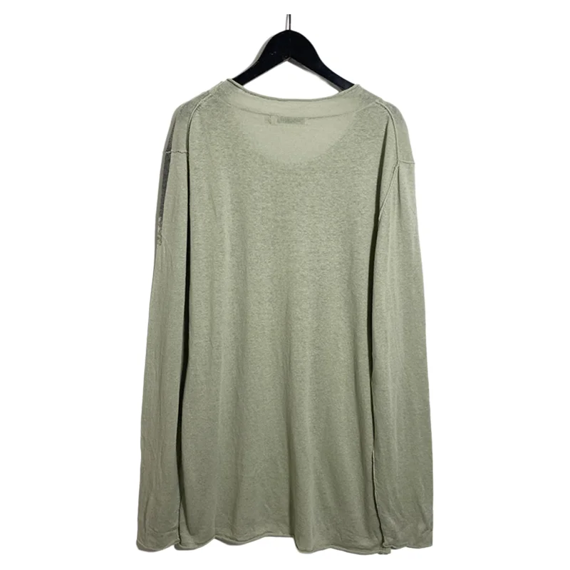 メンズニット綿麻混紡カジュアルトップ、ロールエッジリバースステッチ、快適で通気性のある長袖ラウンドネック