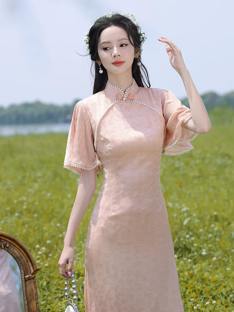 

Розовое женское летнее платье миди в стиле ретро с коротким рукавом, простой дизайн, повседневное, винтажное