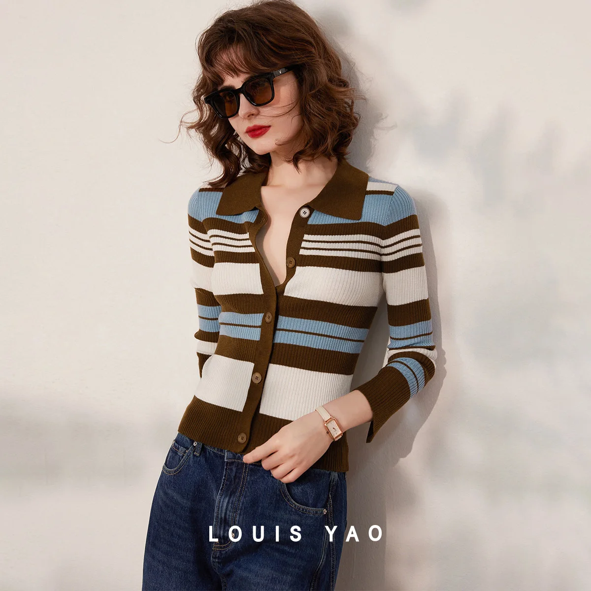 

LOUIS YAO Fashion Striped Cardigan 2025 Spring Autumn Turn-down Collar Long Sleeves Slightly Elastic Women's Knitted Sweater