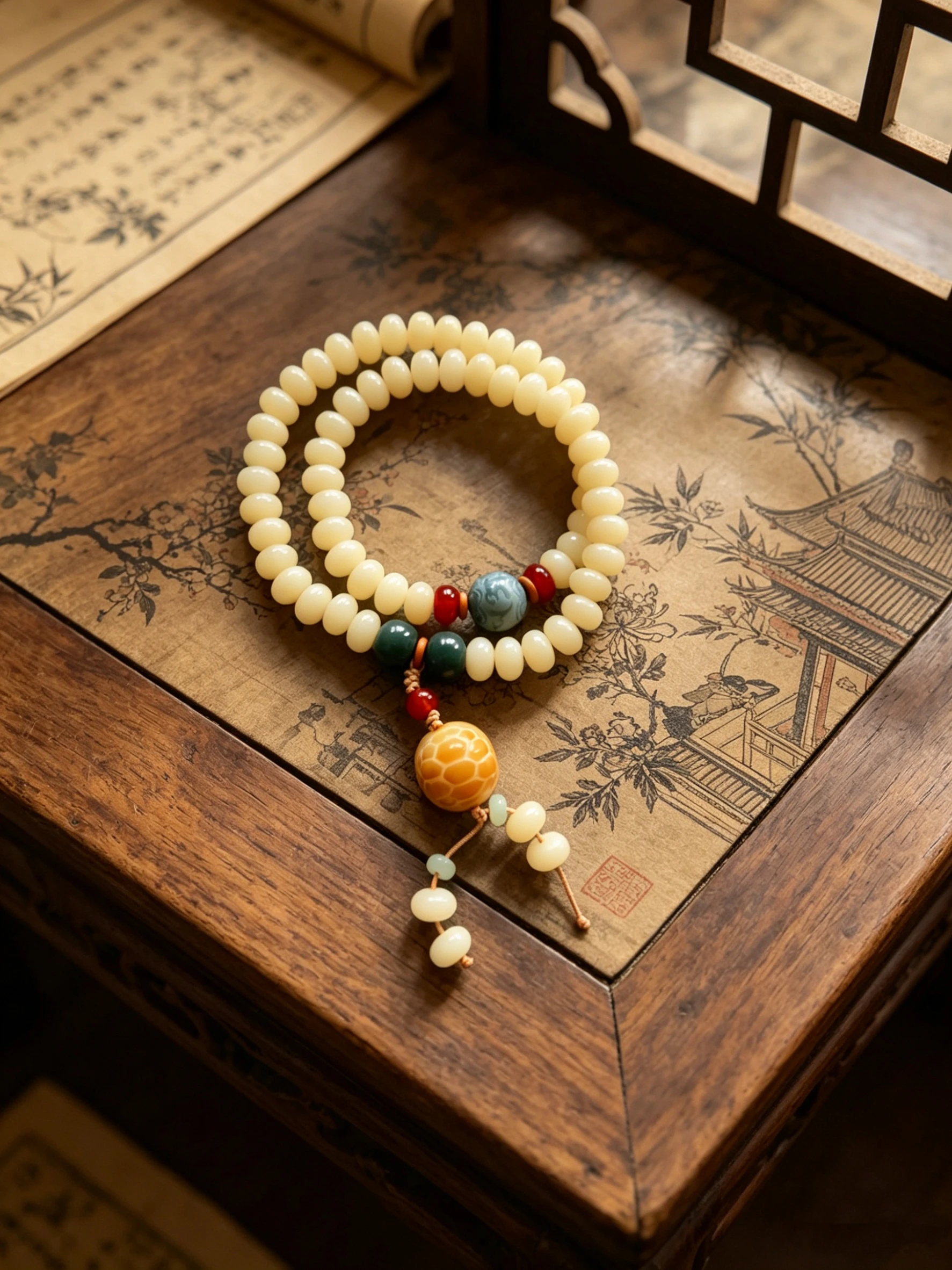 

Natural Cream Bodhi Double-Loop Bracelet with Turtle Charm
