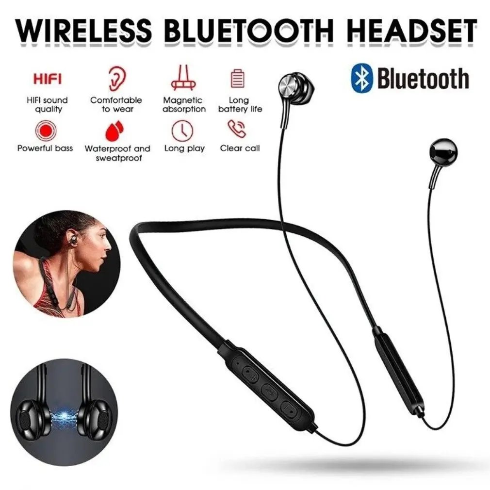 

New Bluetooth-compatible Earphone Wireless Headset Magnetic Neckband Headphone Waterproof Sport Earbud With Noise Cancelling Mic