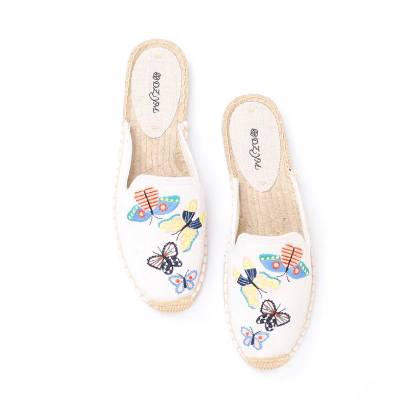 2021 Pantufa Flip Flops Simple Mule Breathable Flat Espahemp Summer Rubber Cotton Fabric Floral Drilles Shoes, Pure Color Mules