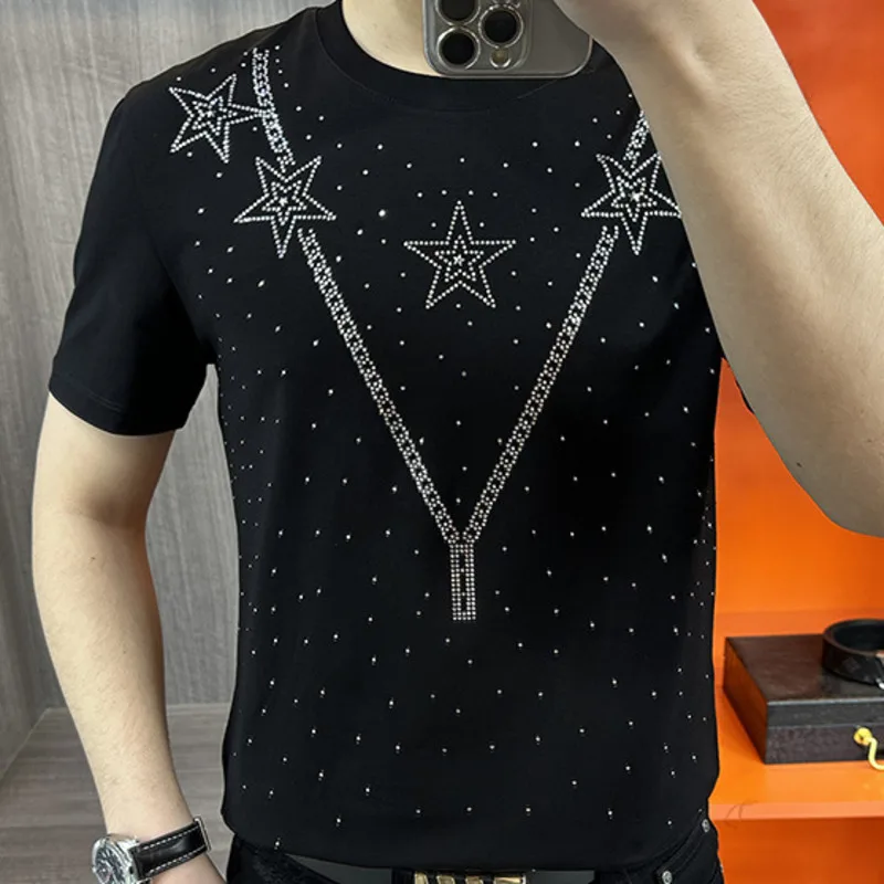 Fashion Brand Short Sleeve T-shirt For Men Social Club Outfits Tee Shirt Homme 2024 Summer Star Hot Drilling Couple's Tshirt Top