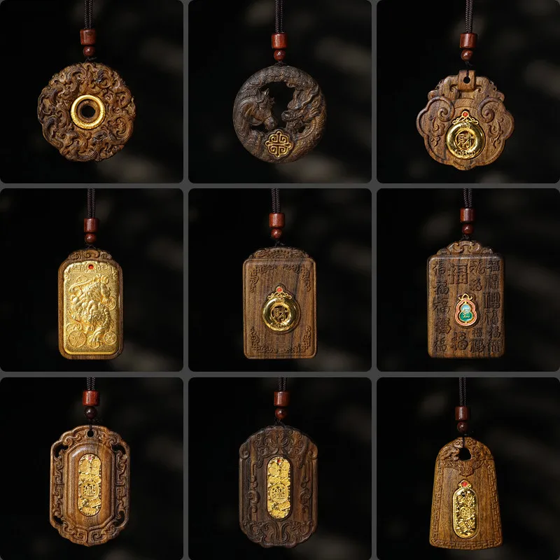 

Agarwood Inlaid Peace Pendant with Gold Plated Accessories Necklace Classical Wood Carving Amulet Gifts