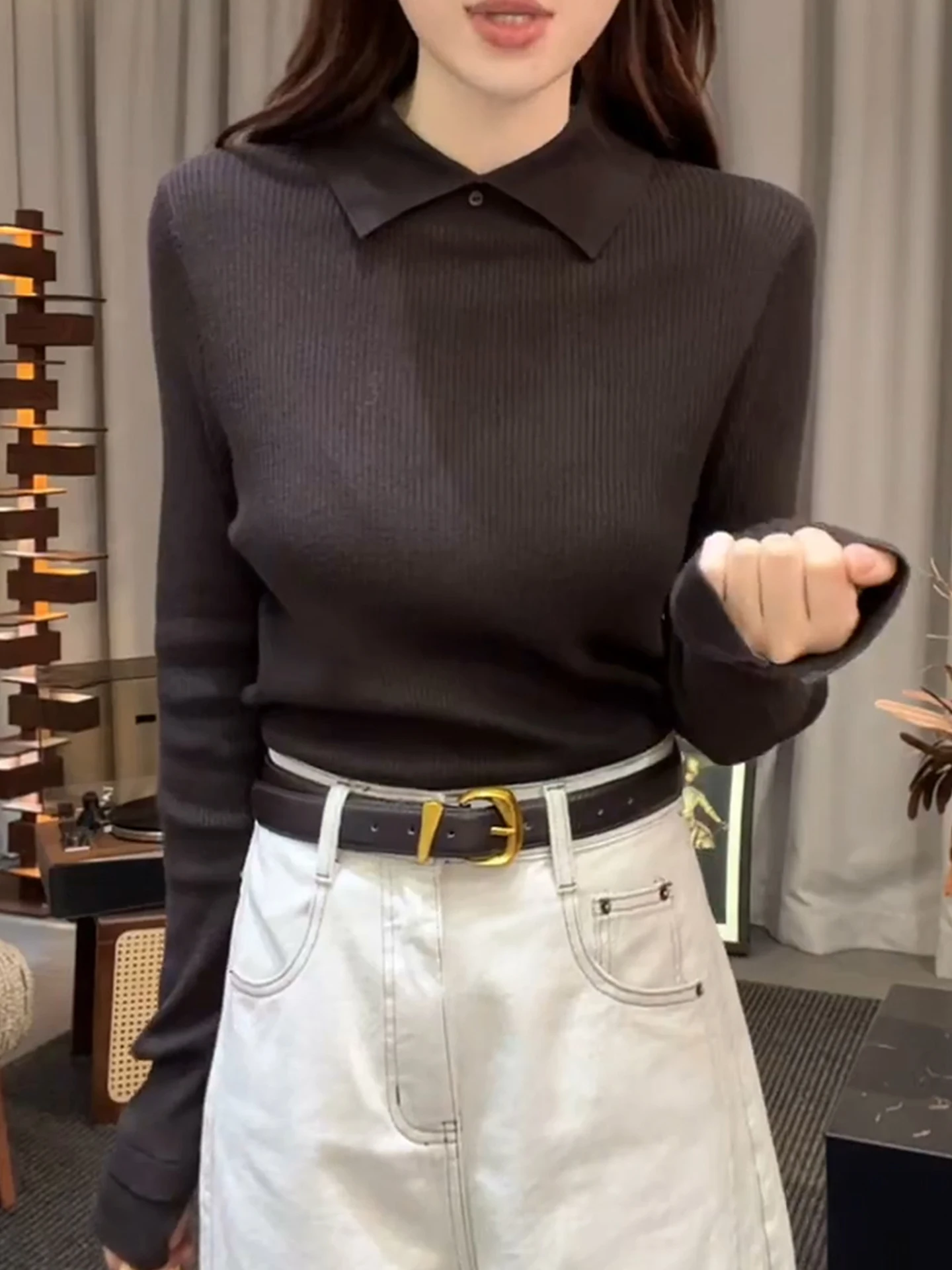 

Slim Fit Color Knitwear Long Sleeve Overhead Base Shirt Korean Style Vintage Autumn Fashion plus Size Women's Innerwear