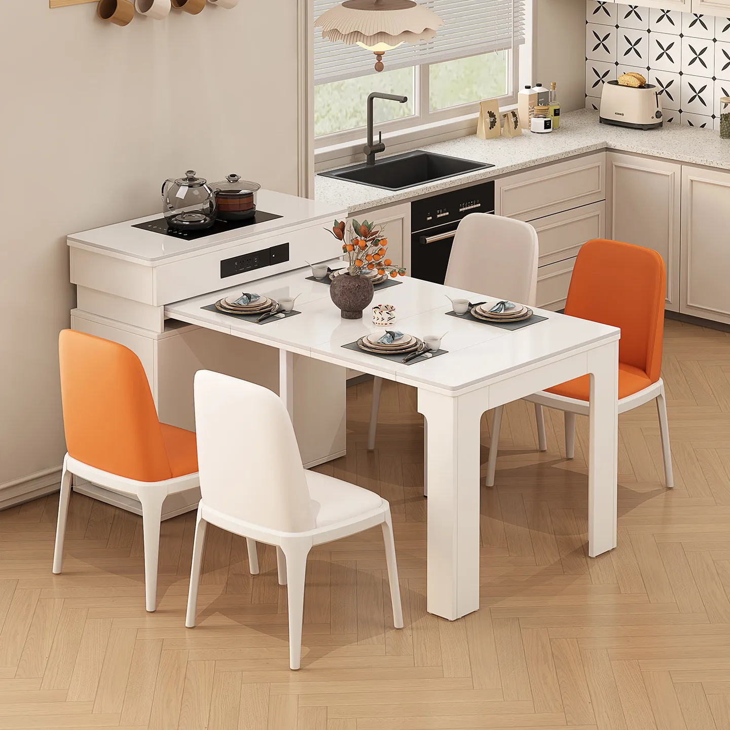 

Обеденный стол для небольшой квартиры из массива дерева с каменной столешницей, встроенный, выдвижной, современный, кремовый, многофункциональный, с системой хранения