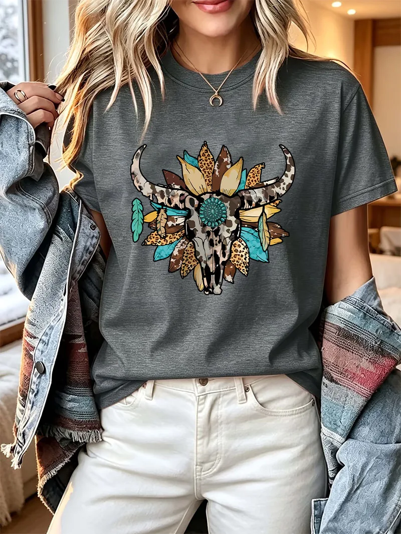 Retro Women's American-style Cow Skull Sunflower Graphic T Shirt Leopard Feather Print Short Sleeve Tee Casual Crew Neck Ladies