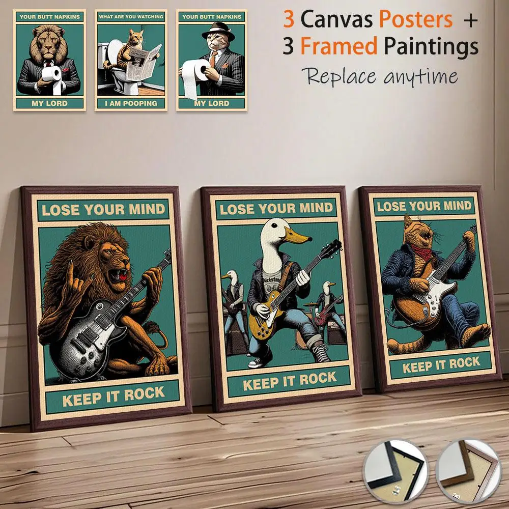 

Funny Animals, 3 Framed Mirrors Paintings + 3 Extra Canvas Posters Replaced Any Time, Wall Art Living Room Home Decor 12*16in