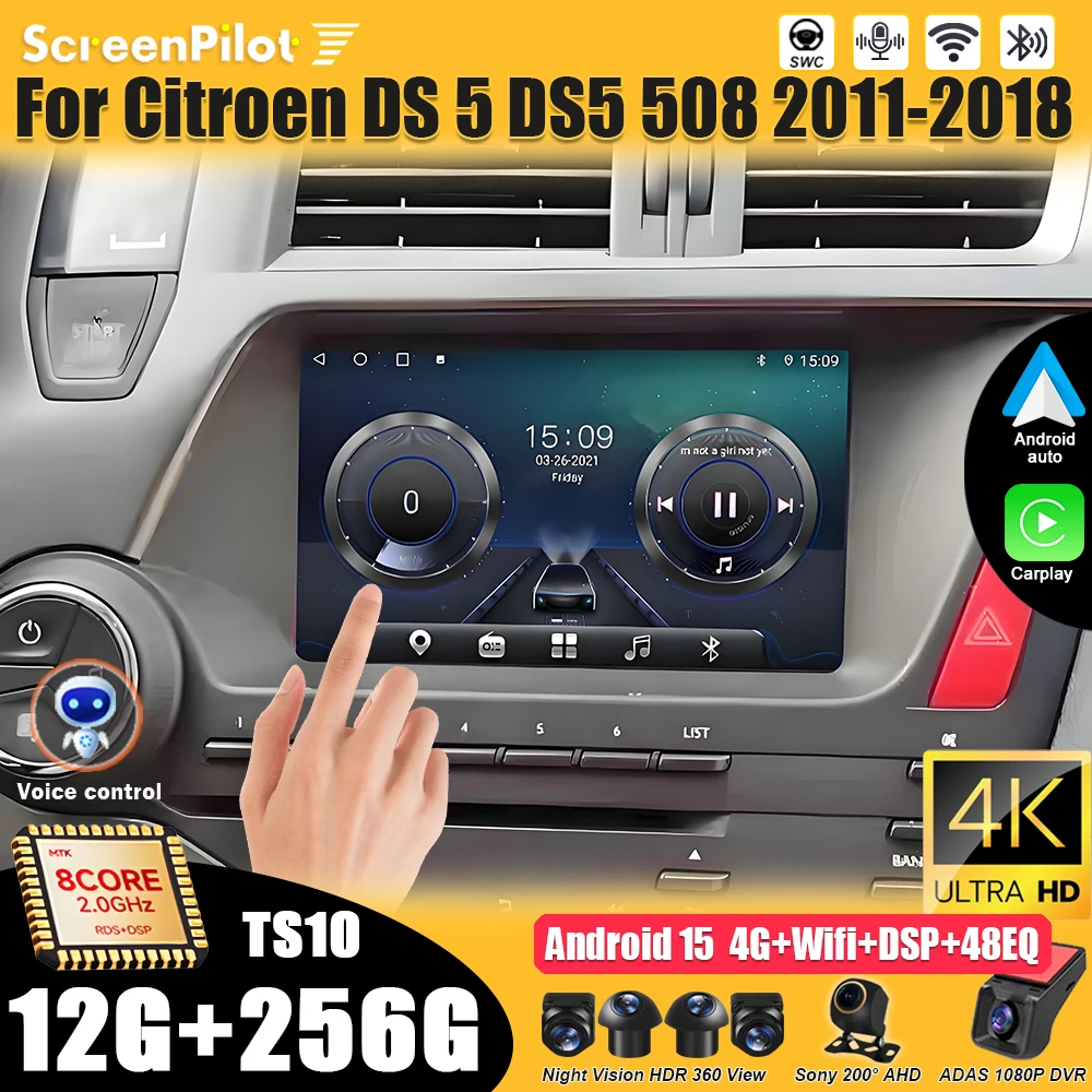  Android 16 AutoWireless Apple Carplay Compatível com Citroen DS 5 DS5 508 2011 2014 2015-2018 Rádio Automotivo Multimídia 5G Reprodutor de Vídeo