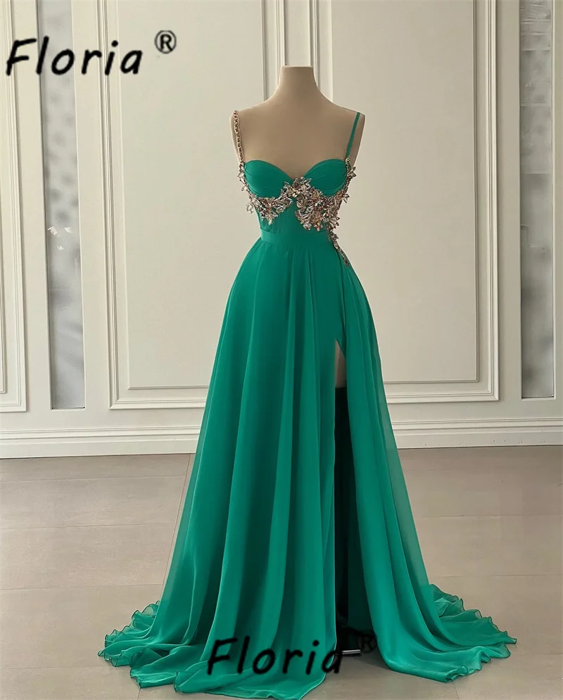 Spaghetti Strap Green Evening Dress Beaded A Line Slit Chiffon Prom Party Gowns Maxi Dress Custom Made Robe de soiree 2024