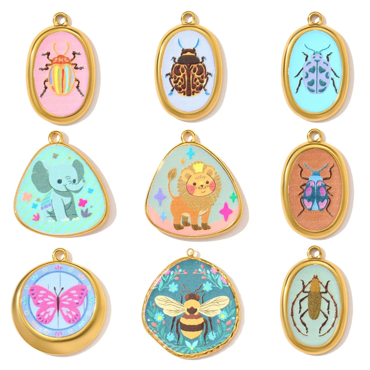 3 teile/los Retro Edelstahl UV Emaille Schmetterling Biene Halskette Anhänger Elefant Löwe DIY Charme Frauen Insekt Käfer Schmuck
