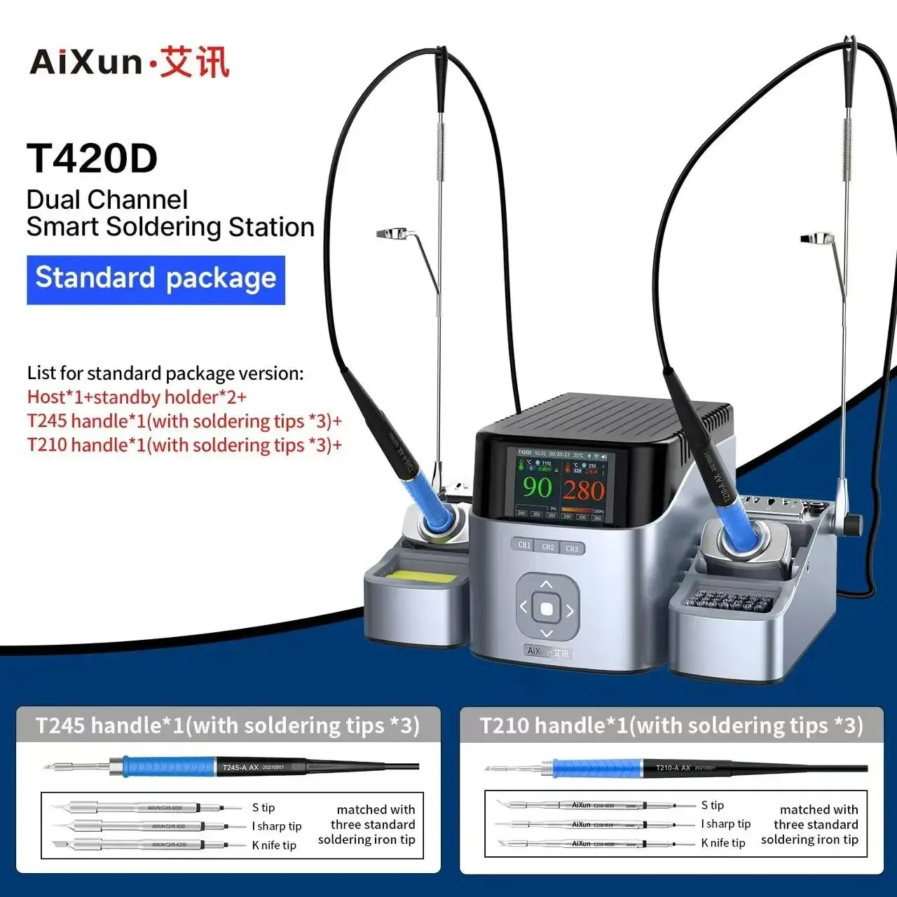 JCID AIXUN T420D doppia stazione di saldatura intelligente con C115 C245 C210 maniglia punte di ferro piattaforma di saldatura per riparazione PCB SMD