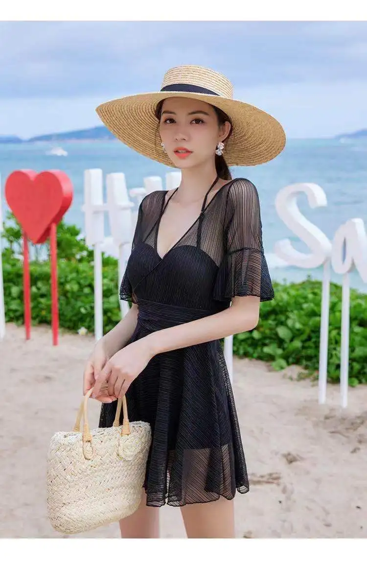 Women's Solid Color One-piece Black Skirt with Minimalist Hollow New Slim Swimsuit