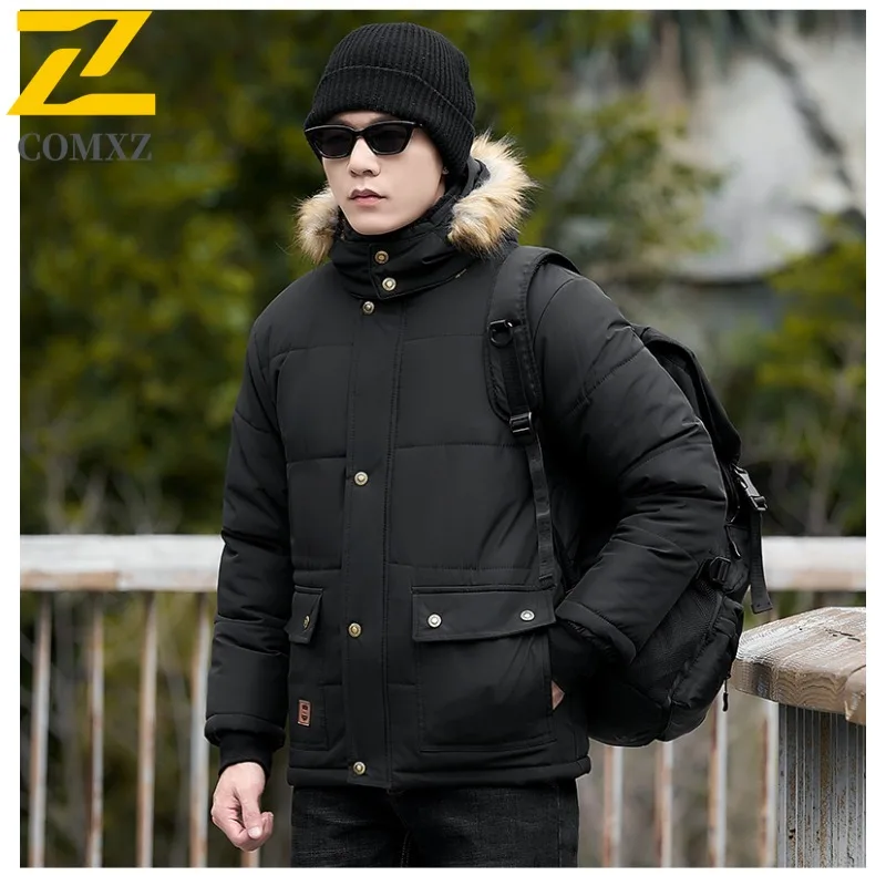 سترة شتوية بغطاء للرأس للرجال مع زخرفة من الفرو وبطانة من الصوف السميك مقاومة للماء ومضادة للرياح معطف حراري فضفاض مناسب للخروج سترة غير رسمية #2