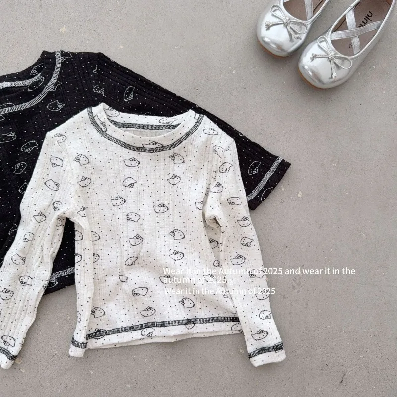 

2026 New Spring Girls' T-Shirt - Hello Kitty Polka Dot, 100% Cotton Long-Sleeve, Versatile Inner/Outer Wear, Sizes 90-150cm