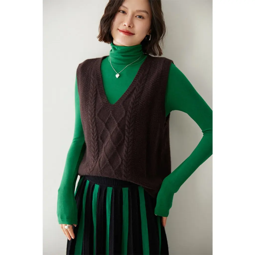 

Women's Cashmere Knitted V-neck Vest Sleeveless Long Waistcoat Front Design Stacked Sweater Outer Wear Fashionable Top
